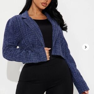 Fashion Nova Charlie Tweed Plaid Cropped Blazer Jacket 2XL Blue Sparkly Open NWT